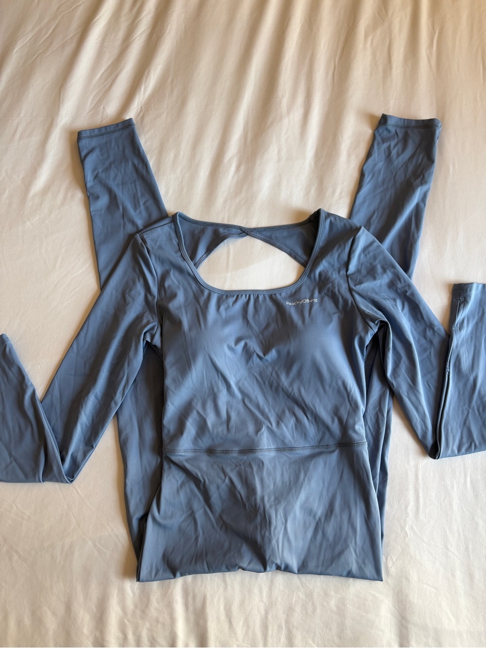 Peachy Bunz Light Blue Long Sleeve Jumpsuit Keyhole Back Ruched Athleisure